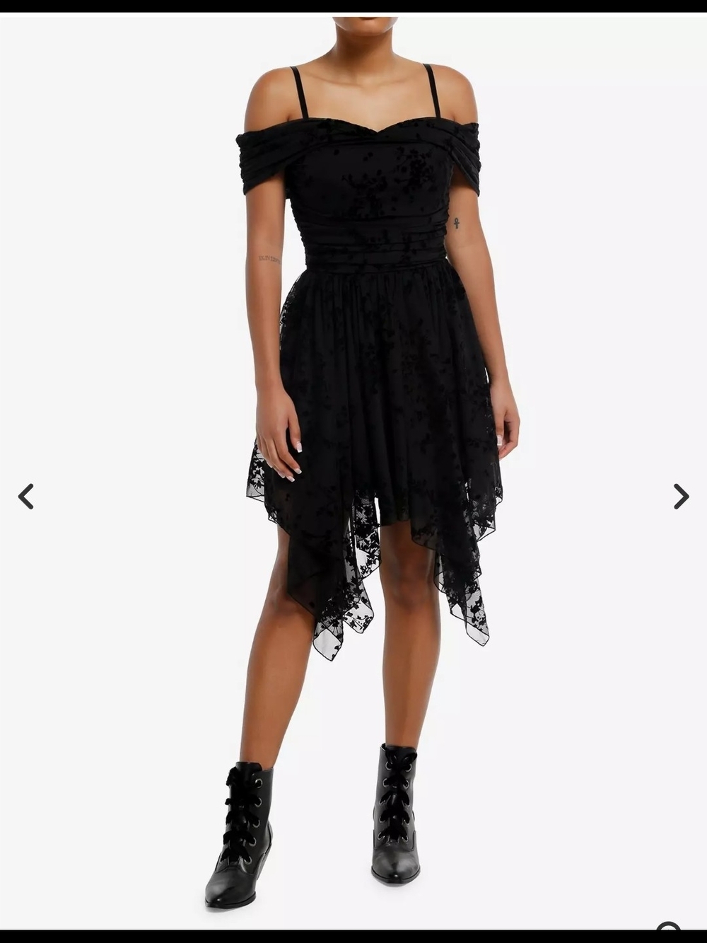 Cosmic Aura Hot Topic Black Off-Shoulder Handkerchief Hem Dress